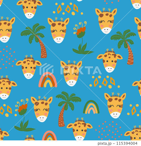 Seamless pattern with cute tribal animal faces. Illustration in boho style, dream catcher, cactus, palm trees, tropics 115394004