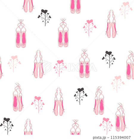 Seamless pattern with ballet pointe shoes and additional elements, imitation of a sketch, watercolors. Ballet school Seamless pattern with ballet pointe shoes and additional elements, imitation of a sketch, watercolors. Ballet school 115394007