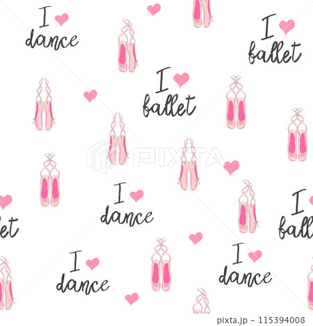 Seamless pattern with ballet pointe shoes and additional elements, imitation of a sketch, watercolors. Ballet school Seamless pattern with ballet pointe shoes and additional elements, imitation of a sketch, watercolors. Ballet school 115394008