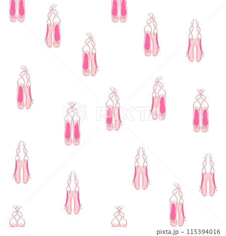 Seamless pattern with ballet pointe shoes and additional elements, imitation of a sketch, watercolors. Ballet school 115394016