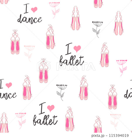 Seamless pattern with ballet pointe shoes and additional elements, imitation of a sketch, watercolors. Ballet school Seamless pattern with ballet pointe shoes and additional elements, imitation of a sketch, watercolors. Ballet school 115394019