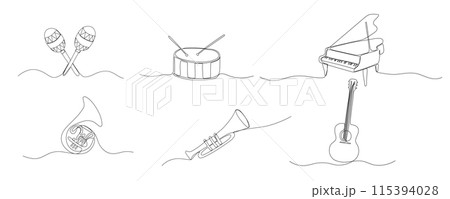 Musical tuba one line, guitar, grand piano drawing, classic instruments set. Continuous illustration. Vector outline black sketch collection 115394028