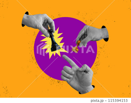 Employee competency assessment. Collage of hands holding a king and a pawn. Succession planning. 115394153