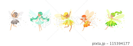 Cute Girl Fairy with Wing and Colorful Dress Vector Set Cute Girl Fairy with Wing and Colorful Dress Vector Set 115394177