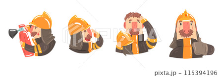 Funny Man Firefighter Character in Uniform Vector Set 115394196