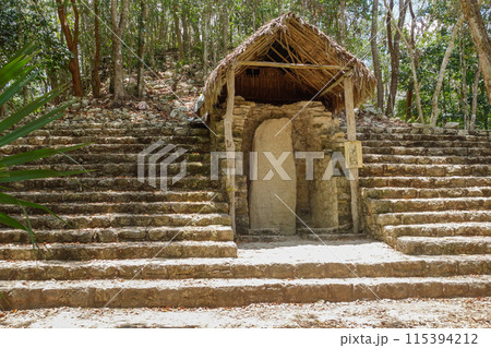 ancient Mayan inscribed stele in Coba ruins archaeological site. Mexico ancient Mayan inscribed stele in Coba ruins archaeological site. Mexico 115394212
