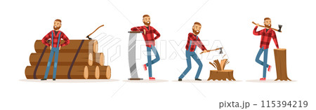 Man Lumberjack in Checkered Shirt Working Cutting and Chopping Wood Vector Set Man Lumberjack in Checkered Shirt Working Cutting and Chopping Wood Vector Set 115394219