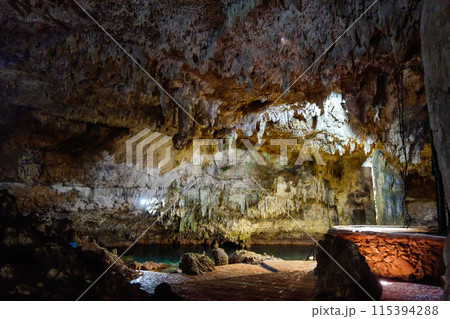 incredible natural pool of clear waters of cenote in Coba, Mexico 115394288