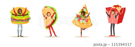 People Character Wearing Fast Food Costume Vector Set 115394317