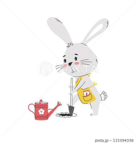 A cute rabbit in a apron digging with a shovel, planting a carrot. 115394336