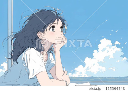 将来を夢見て夏空を眺める女の子 115394348