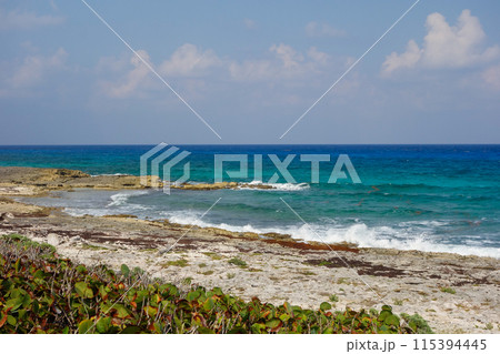 Turquoise blue waters of the Caribbean Sea on the island of Cozumel, Mexico Turquoise blue waters of the Caribbean Sea on the island of Cozumel, Mexico 115394445