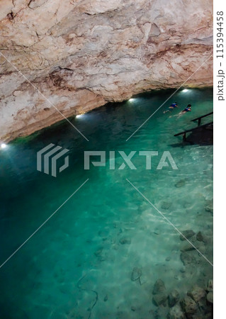 amazing natural pool of clear waters of Cenote Santa Barbara, in Homun, Mexico amazing natural pool of clear waters of Cenote Santa Barbara, in Homun, Mexico 115394458