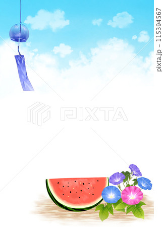 スイカと朝顔と風鈴と入道雲 夏の背景 縦長 スイカと朝顔と風鈴と入道雲 夏の背景 縦長 115394567