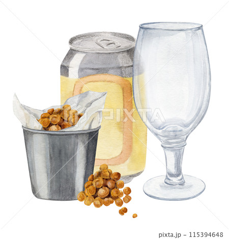 composition of beer can with glass for beer and snack bucket of beans 115394648