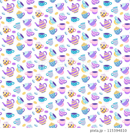 Pastel Teapots and Cups Pattern - Whimsical and Playful Design for Textiles, Wallpapers, and Gift Wrap. Pastel Teapots and Cups Pattern - Whimsical and Playful Design for Textiles, Wallpapers, and Gift Wrap. 115394810