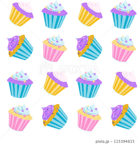 Whimsical Pastel Desserts cupcakes - Colorful Vector Illustration for Fabrics, Wallpapers, and Stationery Whimsical Pastel Desserts cupcakes - Colorful Vector Illustration for Fabrics, Wallpapers, and Stationery 115394815