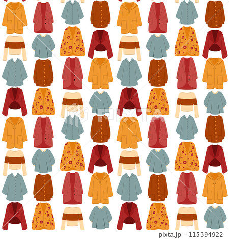 Seamless vector pattern of various women's blouses and tops. Trendy and stylish fashion illustration 115394922