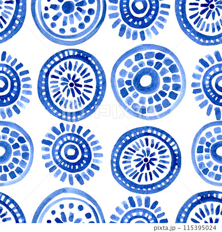 seamless pattern of blue ethnic patterns, circles and spirals. abstract print 115395024