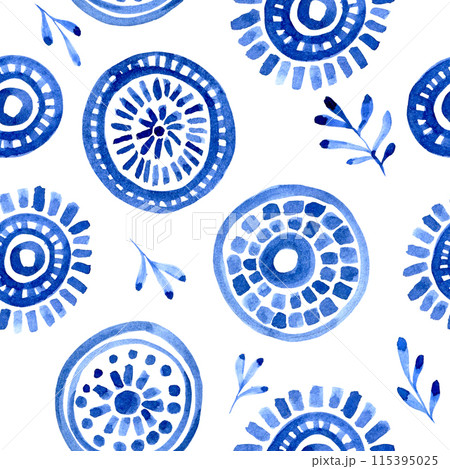 seamless pattern of blue ethnic patterns, circles and spirals. abstract print 115395025