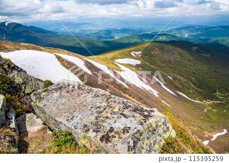 Landscape with Mount Hoverla hanging peak of the Ukrainian Carpathians against the background of the sky and clouds Landscape with Mount Hoverla hanging peak of the Ukrainian Carpathians against the background of the sky and clouds 115395259