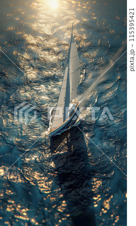 A lone sailboat sailing on a shimmering sea. Aerial view of sailboat 115395421