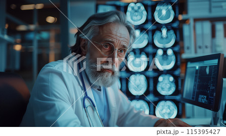 A senior neurologist doctor examining the result of a brain CT scan A senior neurologist doctor examining the result of a brain CT scan 115395427