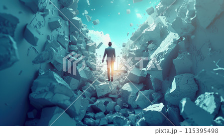 Businessman breaking trough a stone wall 115395498