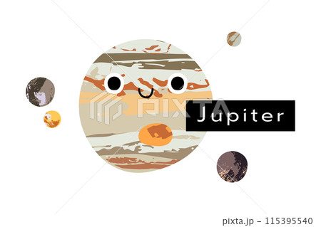 Jupiter. Galilean moons: Io, Europa, Ganymede, Callisto. Cute kawaii planet character with smiling face. Funny celestial body. Solar system. Astronomy for kids. Vector flat cartoon illustration 115395540