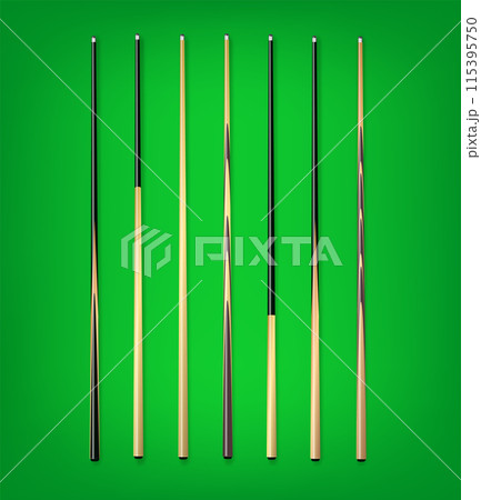 Billiard cues on green background. Snooker sports equipment. Vintage pool cue. Vector Billiard cues on green background. Snooker sports equipment. Vintage pool cue. Vector 115395750