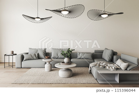 Minimalist living room with stylish furniture and lighting for an elegant and cozy space 115396044
