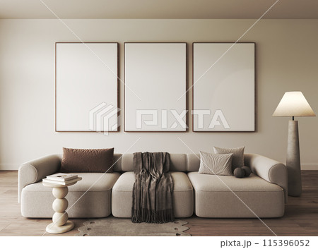 Modern sofa in minimalist living room with blank frames on wall, creating clean and elegant space Modern sofa in minimalist living room with blank frames on wall, creating clean and elegant space 115396052