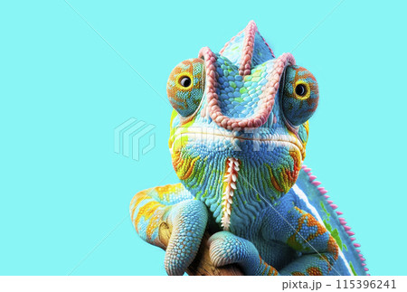 Close-up portrait of a chameleon looking at the camera on a blue background Close-up portrait of a chameleon looking at the camera on a blue background 115396241