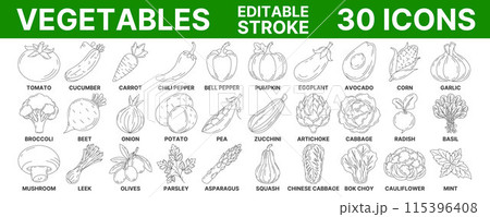 Vegetables and greens, vector minimal line icon set. Editable stroke. Vegetable icon set. Outline icons collection of veggies. Concept of farming, vegetarian food, proper nutrition, harvesting 115396408