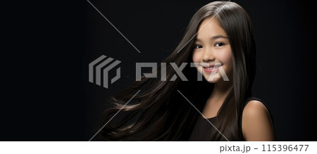 Ai generated Smiling young brunette Korean child girl with healthy long hair Isolated on black dark background. 115396477