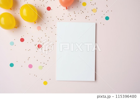 Ai generated Birthday party template with empty paper card and colorful balloons top view 115396480