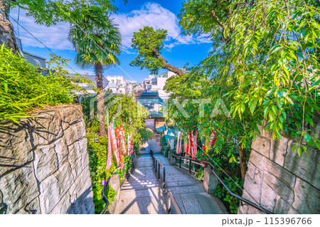 日本の横浜都市景観 6月。弘明寺駅前の商店街を抜けた先。弘明寺・階段などを望む 115396766