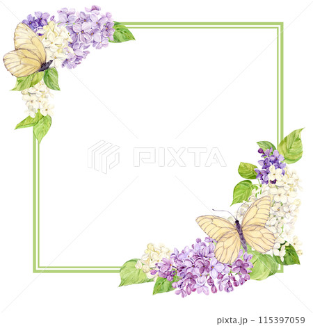Romantic square frame made of lilac with white butterflies. Card for Mother's Day, Valentine's Day, wedding. Save the date. Template with place for text from spring flowers on a transparent background 115397059