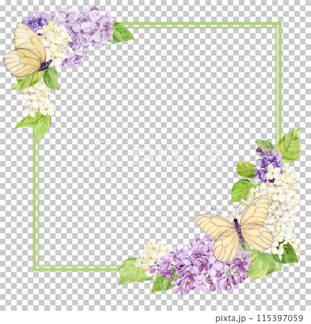 Romantic square frame made of lilac with white butterflies. Card for Mother's Day, Valentine's Day, wedding. Save the date. Template with place for text from spring flowers on a transparent background 115397059