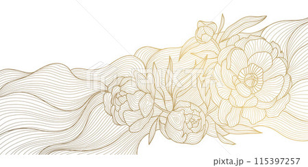Vector gold on white floral pattern, elegant chinese rose background, vintage flower illustration, wave. Line oriental blossom design, wedding graphic. Vector gold on white floral pattern, elegant chinese rose background, vintage flower illustration, wave. Line oriental blossom design, wedding graphic. 115397257