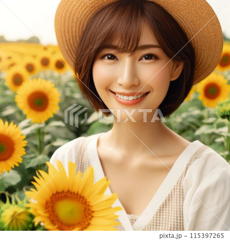 麦わら帽子を被った美女と向日葵の写真 麦わら帽子を被った美女と向日葵の写真 115397265
