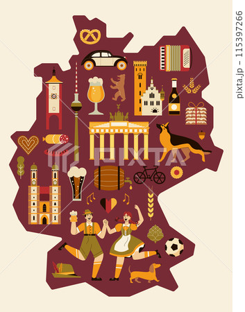 Germany Travel Map with German Culture Symbols 115397266
