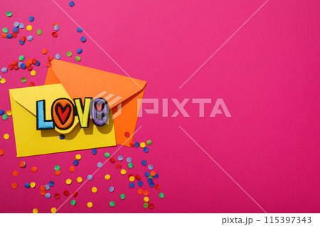 LGBT parade concept, holiday symbols on pink background. 115397343