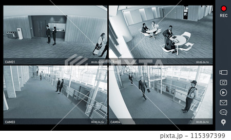 防犯カメラの四分割モニター画面インターフェース 115397399