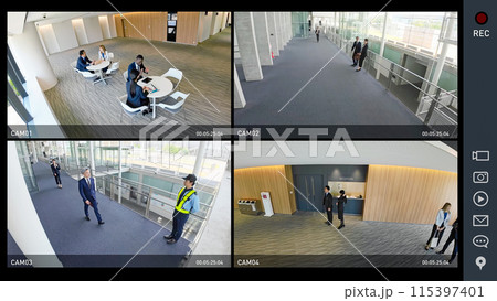 防犯カメラの四分割モニター画面インターフェース 115397401