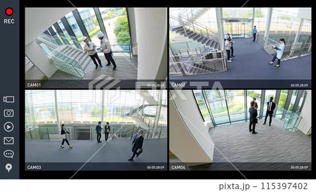 防犯カメラの四分割モニター画面インターフェース 115397402