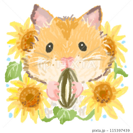 ヒマワリ畑とヒマワリの種を食べるハムスターのイラスト素材