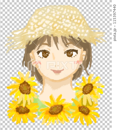 Sunflower field and woman wearing straw hat 115397440