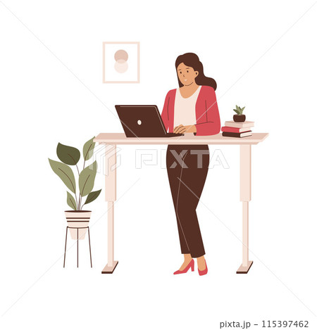 Woman work while standing at work desks Woman work while standing at work desks 115397462