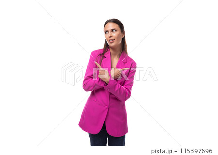 a young well-groomed slender woman with black straight hair dressed in a crimson jacket wants to 115397696